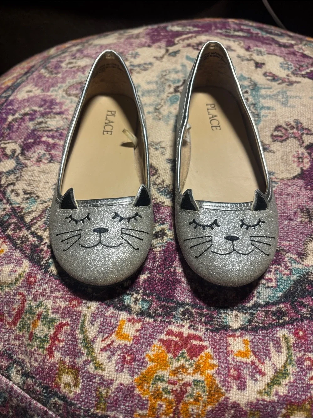 Children’s Place Girls Glitter Cat Face Ballet Flats, Silver, Size 13